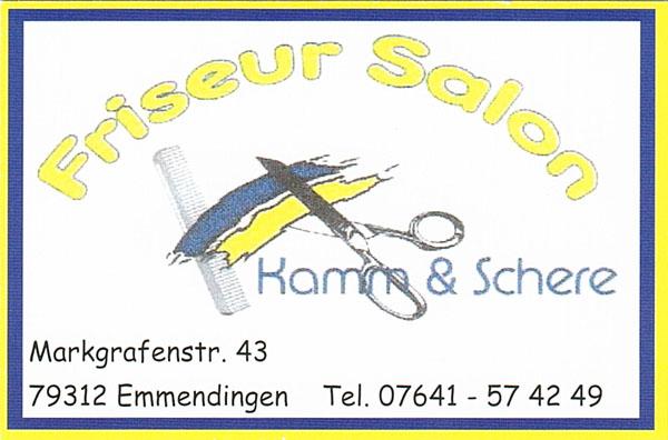 Kamm & Schere, Markgrafenstr. 43, 79312 Emmendingen, Tel. 07641-574249 - diese Adress ist Geschichte! Ab dem 15. März findet man den Friseur-Salon Kamm & Schere in der Obere-Höfe-Straße in Emmendingen-Wasser
REGIOTRENDS-Foto: FSRM Kamm & Schere, Markgrafenstr. 43, 79312 Emmendingen, Tel. 07641-574249 - diese Adress ist Geschichte! Ab dem 15. März findet man den Friseur-Salon Kamm & Schere in der Obere-Höfe-Straße in Emmendingen-Wasser
REGIOTRENDS-Foto: FSRM