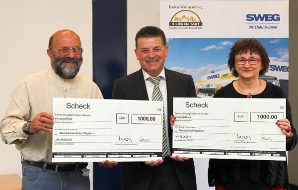 Preisgeld kam Sonderschulen zugute: Südwestdeutsche Verkehrs-Aktiengesellschaft spendete insgesamt 4.000 Euro
Von links: Theo Müller (stellvertretender Leiter der Maiwaldschule in Achern-Wagshurst), Frank Silzer (Leiter des SWEG-Fachbereichs Absatz, Verkehr und Betrieb Kraftverkehr) und Rosemarie Stirner (Leiterin der Renchtalschule in Oberkirch)
Foto: Südwestdeutsche Verkehrs-Aktiengesellschaft Preisgeld kam Sonderschulen zugute: Südwestdeutsche Verkehrs-Aktiengesellschaft spendete insgesamt 4.000 Euro
Von links: Theo Müller (stellvertretender Leiter der Maiwaldschule in Achern-Wagshurst), Frank Silzer (Leiter des SWEG-Fachbereichs Absatz, Verkehr und Betrieb Kraftverkehr) und Rosemarie Stirner (Leiterin der Renchtalschule in Oberkirch)
Foto: Südwestdeutsche Verkehrs-Aktiengesellschaft