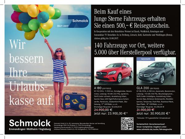 Wir bessern Ihre Reisekasse auf – 500 Euro-Reisegutschein beim Kauf eines Junge Sterne Fahrzeuges


Schmolck GmbH & Co. KG, Emmendingen-Müllheim-Vogtsburg, www.schmolck.de