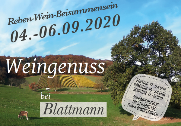 Blattmann - Wein+Sekt
Schlümperlehof, Talstraße 130, 79194 Gundelfingen Blattmann - Wein+Sekt
Schlümperlehof, Talstraße 130, 79194 Gundelfingen
