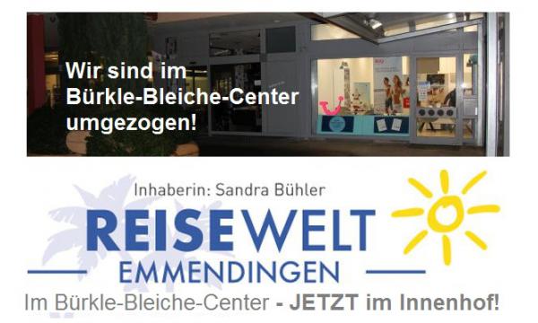 Reisewelt Emmendingen, Inh. Sandra Bühler
Lessingstr. 17, 79312 Emmendingen, Tel. 07641/912130, Fax 07641/3535
info@reisewelt-em.de - www.reisewelt-em.de