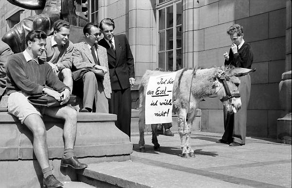 Ab 23. Juli: „Typisch!? Freiburg und die Region in Fotos von Willy Pragher“.
„Ich bin ein Esel, ich wähle nicht“; Wahlpropaganda zur ASTA-Wahl vor der Universität (20. Juli 1954).

Foto: Landesarchiv Baden-Württemberg, Abteilung Staatsarchiv Freiburg - Willy Pragher