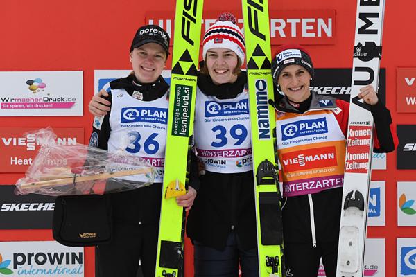 Die Norwegerin Anna Odine Stroem (Mitte) knackte bereits im ersten
Durchgang den Schanzenrekord und erhöhte diesen auf 112,5 Meter.
Mit einer Weite von 103,5 Metern im zweiten Durchgang, sicherte sie
sich den Tagessieg. Für die Siegerin der Qualifikation Ema Klinec aus Slowenien (links)
wurde es Platz 2. Den dritten Platz belegte die Österreicherin Eva Pinkelnig
(107,5m, 103,5m)
Bild:Pressebüro Damenweltcup Die Norwegerin Anna Odine Stroem (Mitte) knackte bereits im ersten
Durchgang den Schanzenrekord und erhöhte diesen auf 112,5 Meter.
Mit einer Weite von 103,5 Metern im zweiten Durchgang, sicherte sie
sich den Tagessieg. Für die Siegerin der Qualifikation Ema Klinec aus Slowenien (links)
wurde es Platz 2. Den dritten Platz belegte die Österreicherin Eva Pinkelnig
(107,5m, 103,5m)
Bild:Pressebüro Damenweltcup