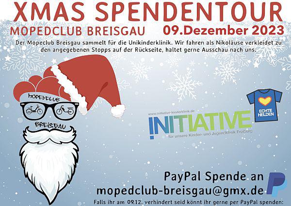 9. Dezember: Xmas Spendentour im Landkreis Emmendingen - Der Mopedclub Breisgau sammelt im Nikolauskostüm für die Unikinderklinik in Freiburg.
Foto: Mopedclub Breisgau 9. Dezember: Xmas Spendentour im Landkreis Emmendingen - Der Mopedclub Breisgau sammelt im Nikolauskostüm für die Unikinderklinik in Freiburg.
Foto: Mopedclub Breisgau