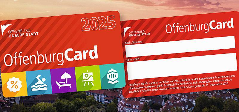 OffenburgCard: Ausschließlich im Bürgerbüro am Fischmarkt erhältlich.
Die neue OffenburgCard vereint attraktive Angebote für Freizeit und Kultur.
Foto: Stadt Offenburg - Benz
OffenburgCard: Ausschließlich im Bürgerbüro am Fischmarkt erhältlich.
Die neue OffenburgCard vereint attraktive Angebote für Freizeit und Kultur.
Foto: Stadt Offenburg - Benz